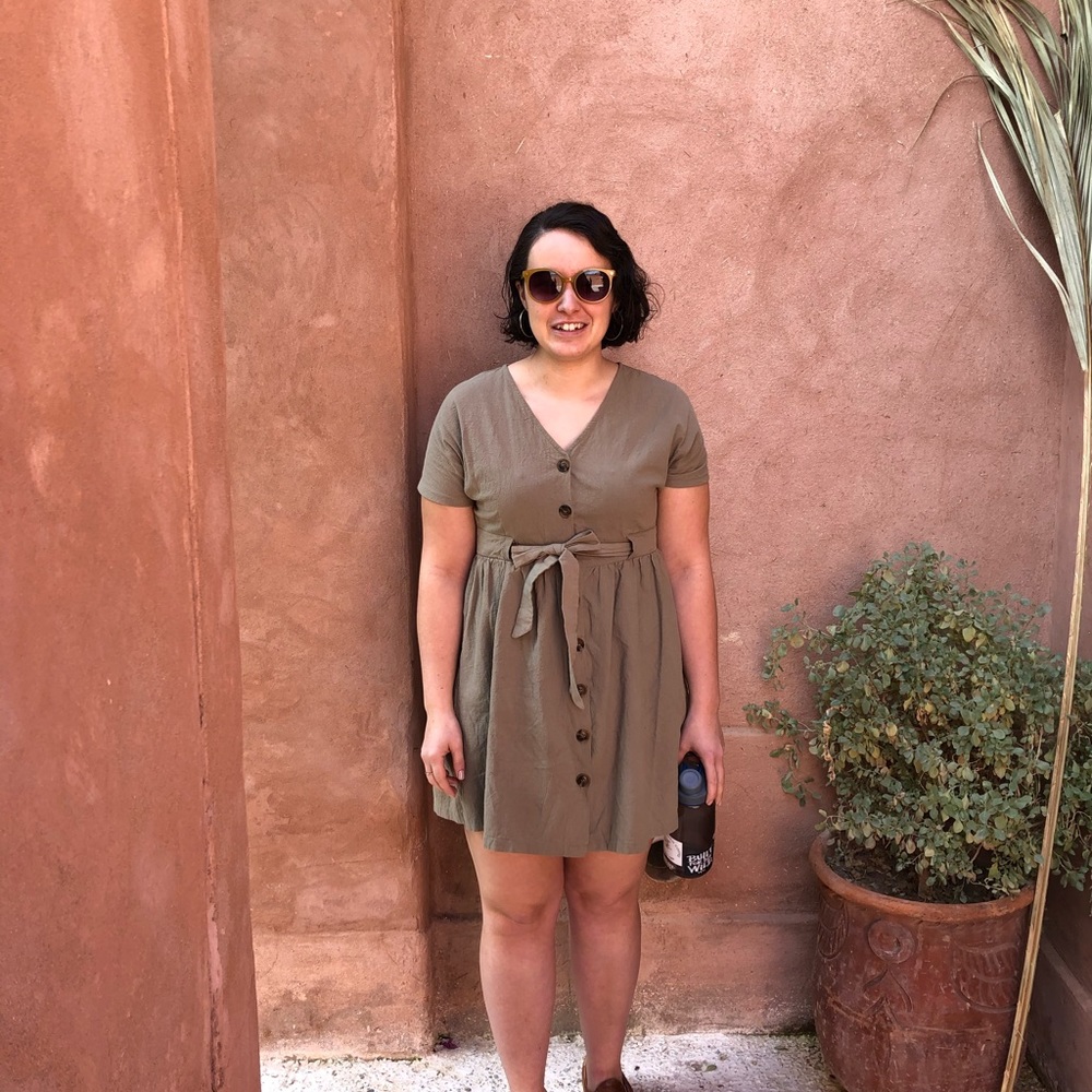 V Neck Short Sleeve Dress Button Down Mini Dress with Tie Belt